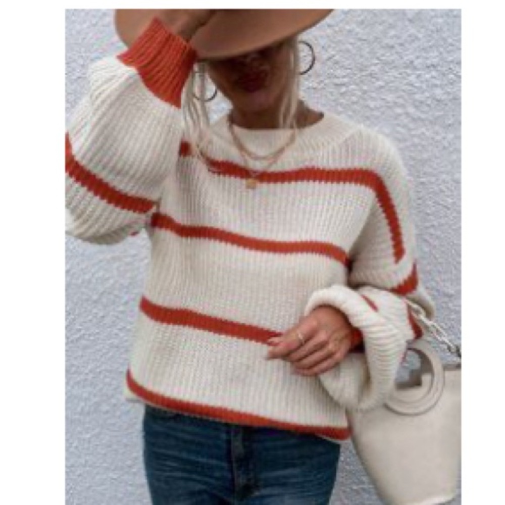 2/$30 rib knit pattern sweater white burnt orange red autumn fall oversize large